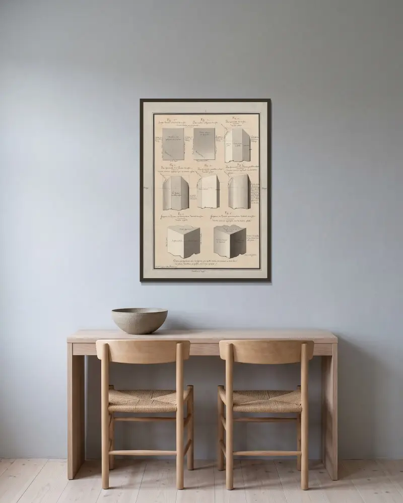 Teckning som visar med figurer, med vilka färgtoner, och hur man ska lavera planer, elevationer och profiler av ogenomskinliga kroppar, 1777 – nr 9 av Jean Jacques Lequeu inramad på en vägg