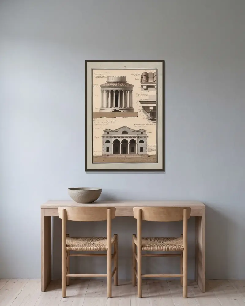 Teckning som visar med figurer, med vilka färgtoner, och hur man ska mäta upp planer, elevationer och profiler av ogenomskinliga kroppar av Jean Jacques Lequeu inramad på en vägg