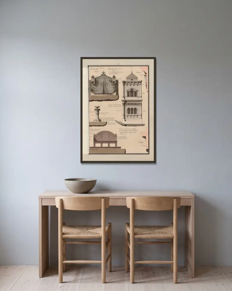 Teckning som med figurer visar med vilka nyanser och hur man bör lavera planer, elevationer och profiler av ogenomskinliga kroppar, 1777 – nr 1 av Jean Jacques Lequeu inramad på en vägg