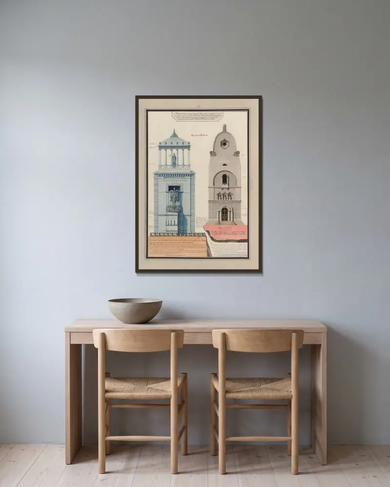 Elevation av ett av de två monumenten att resa i mitten av Étoile vid den magnifika avenyn Royale av Jean Jacques Lequeu inramad på en vägg