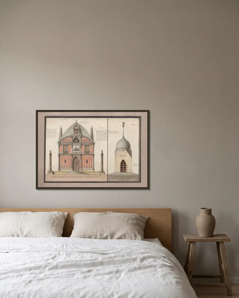 Das Haus genannt die Molkerei, aus Gebälk in verschiedenen Farben, feuerfest gemacht von Jean Jacques Lequeu gerahmt an einer Wand