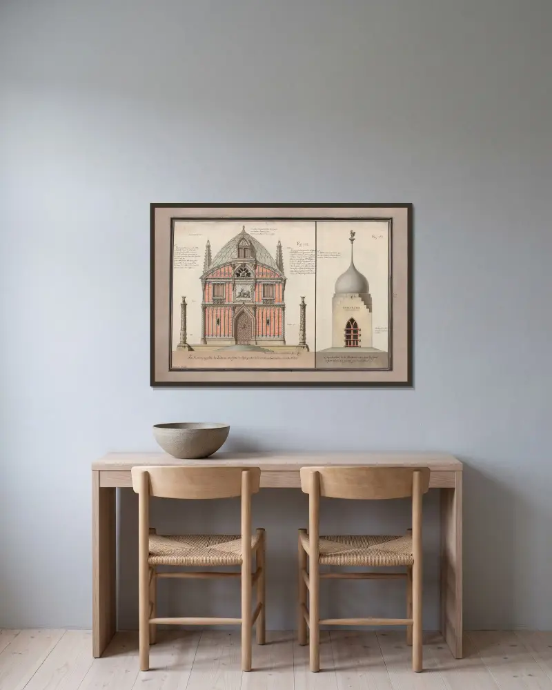 Das Haus genannt die Molkerei, aus Gebälk in verschiedenen Farben, feuerfest gemacht von Jean Jacques Lequeu gerahmt an einer Wand