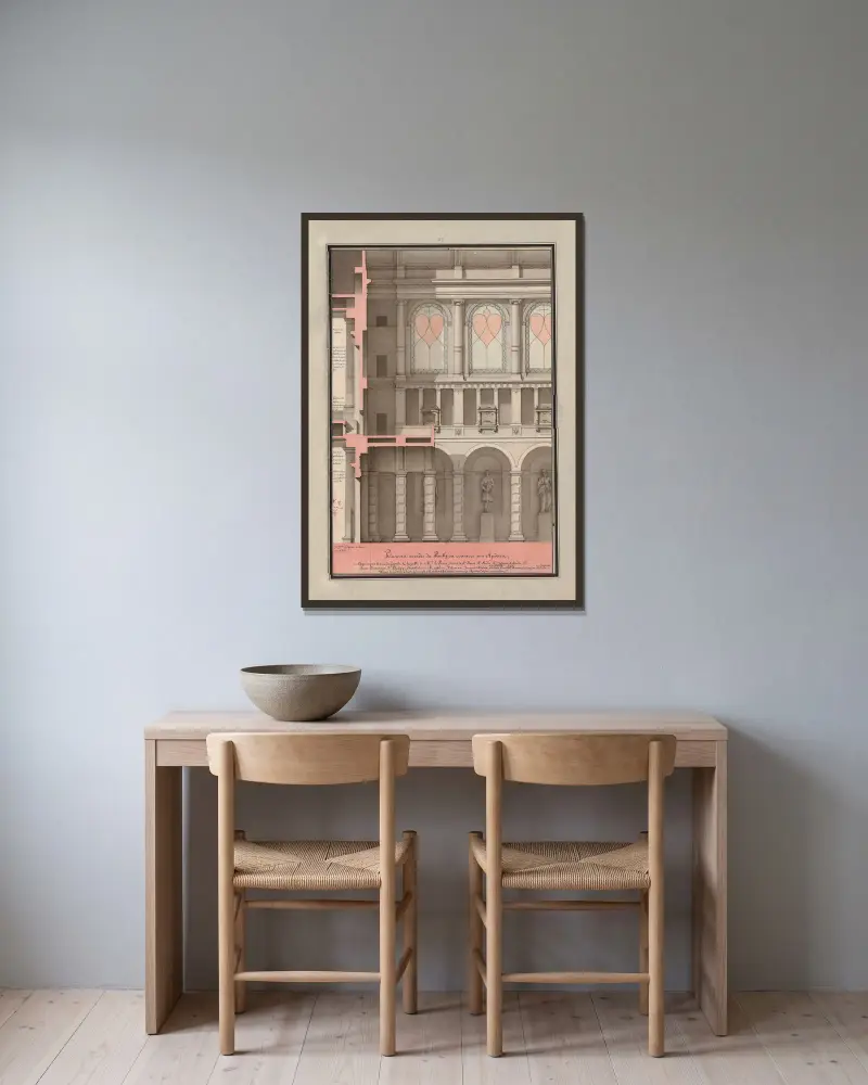 Mehrere Arkaden des den Aposteln geweihten Pantheon von Jean Jacques Lequeu gerahmt an einer Wand