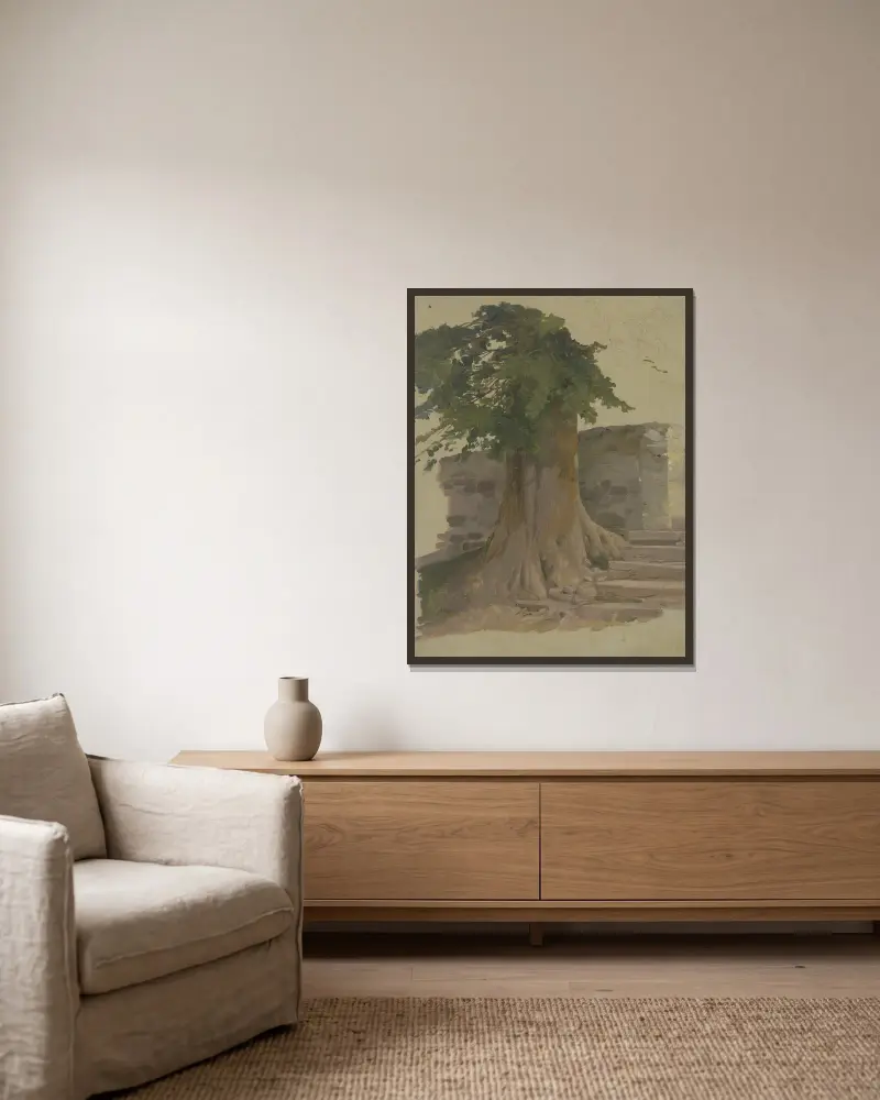 Alter Baum an einem Mauerstück von Jakob Becker gerahmt an einer Wand