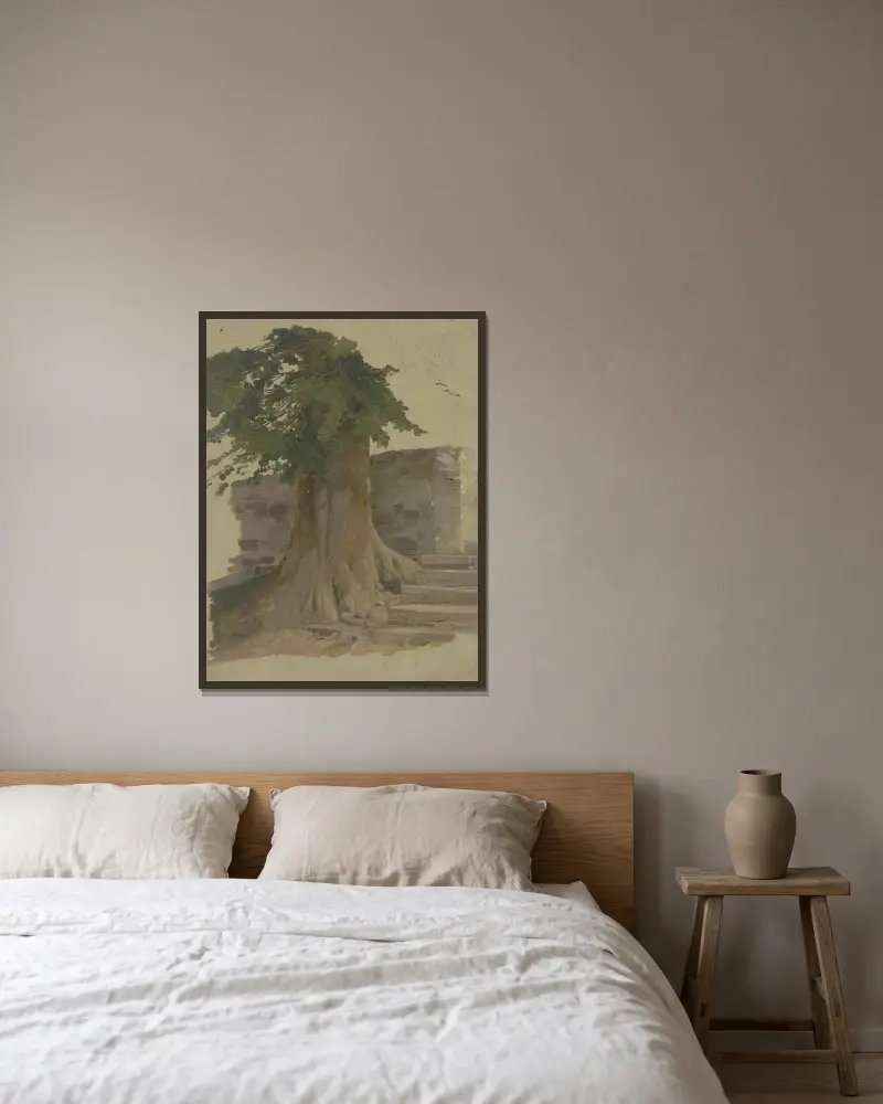 Alter Baum an einem Mauerstück von Jakob Becker gerahmt an einer Wand