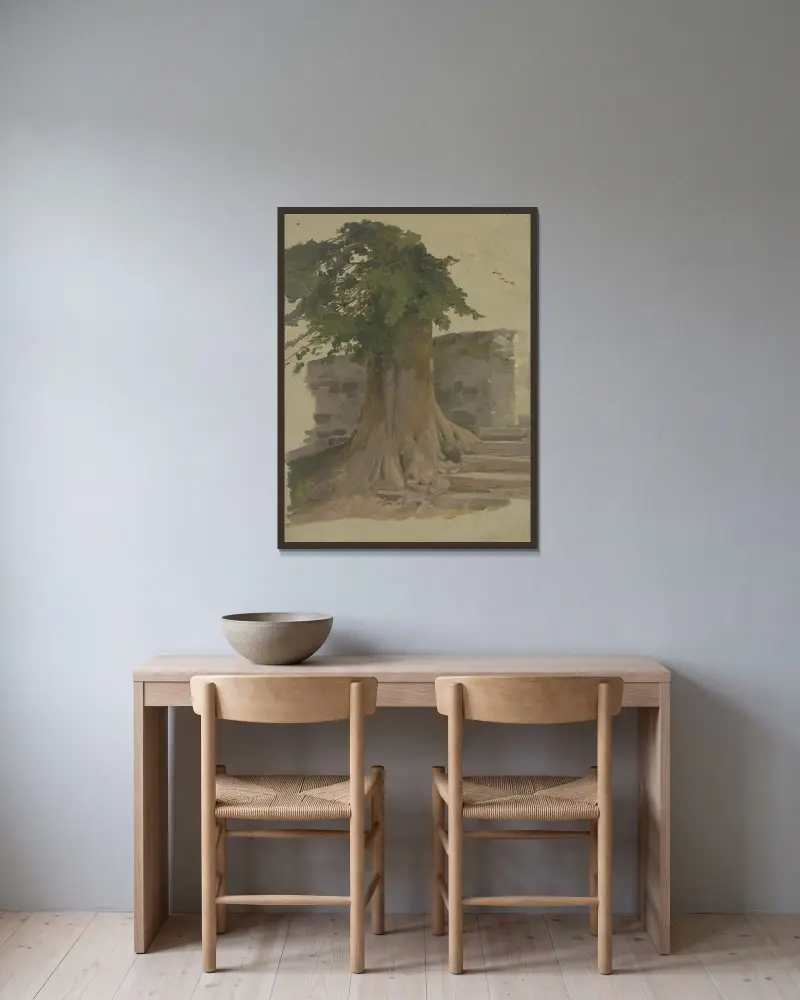 Alter Baum an einem Mauerstück von Jakob Becker gerahmt an einer Wand