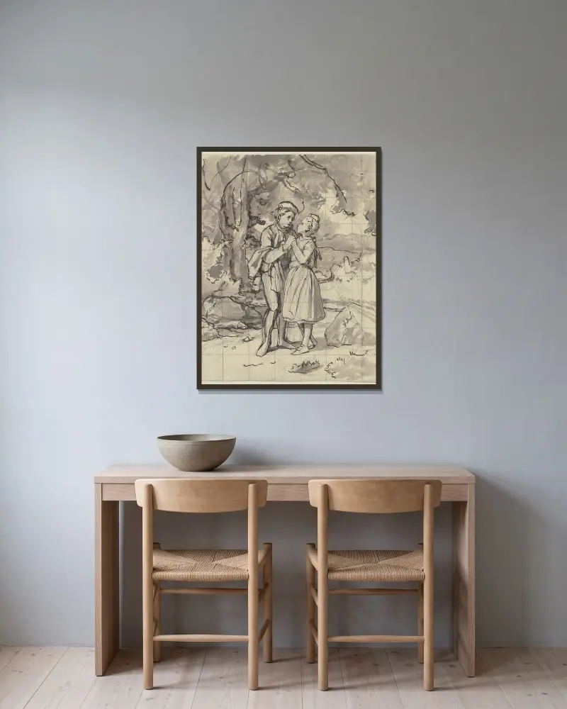 Bauernjunge und Bauernmädchen von Jakob Becker gerahmt an einer Wand