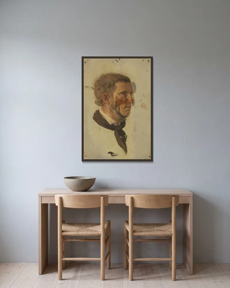 Kopfstudie eines Bauern im Profil av Jakob Becker inramad på en vägg