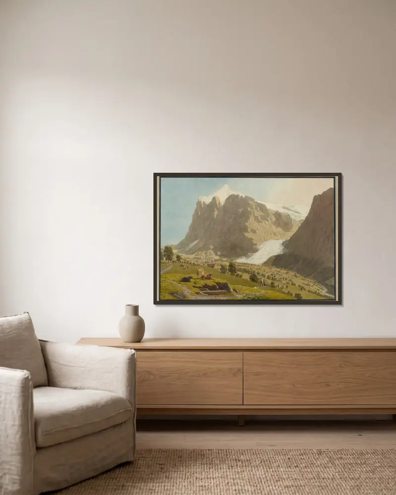 Grindelwald von Westen mit Wetterhorn und dem oberen Gletscher von Johann Jakob Biedermann gerahmt an einer Wand