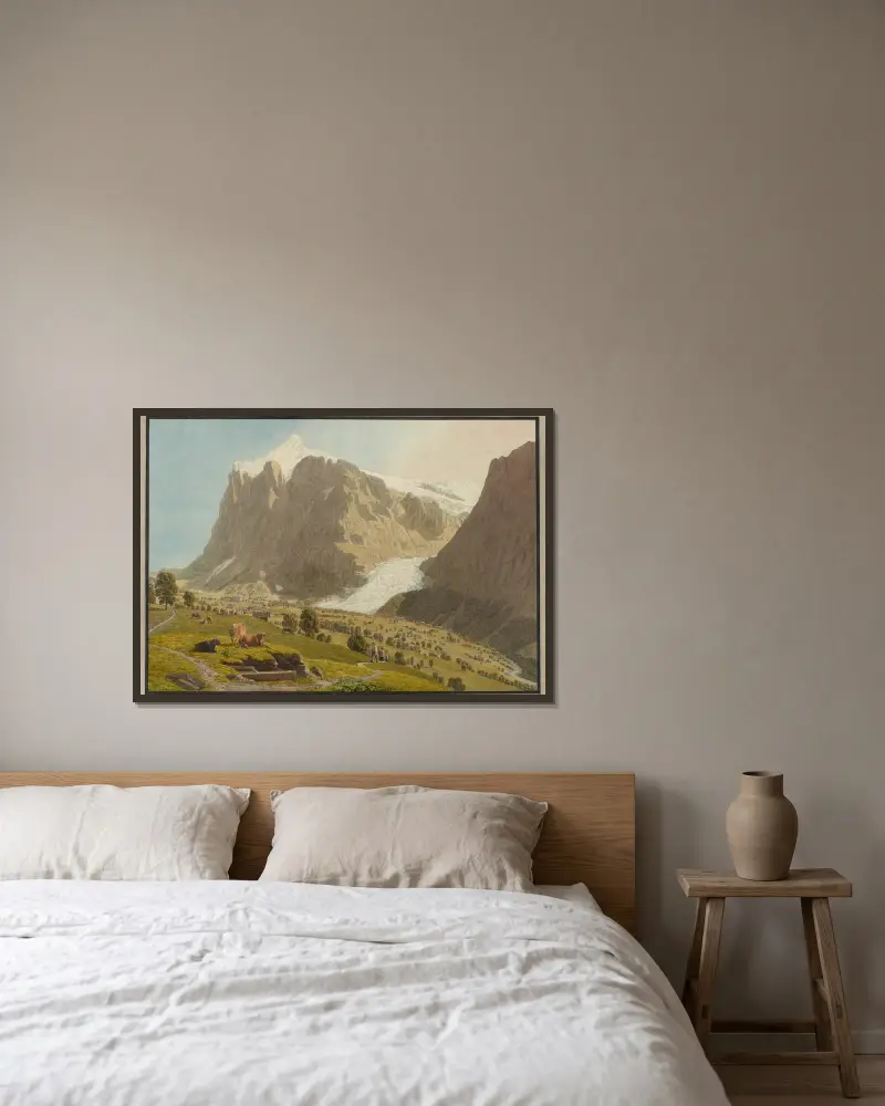 Grindelwald von Westen mit Wetterhorn und dem oberen Gletscher von Johann Jakob Biedermann gerahmt an einer Wand