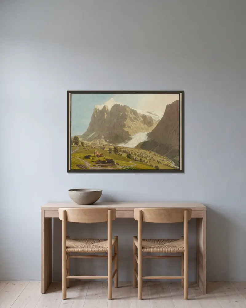 Grindelwald von Westen mit Wetterhorn und dem oberen Gletscher von Johann Jakob Biedermann gerahmt an einer Wand