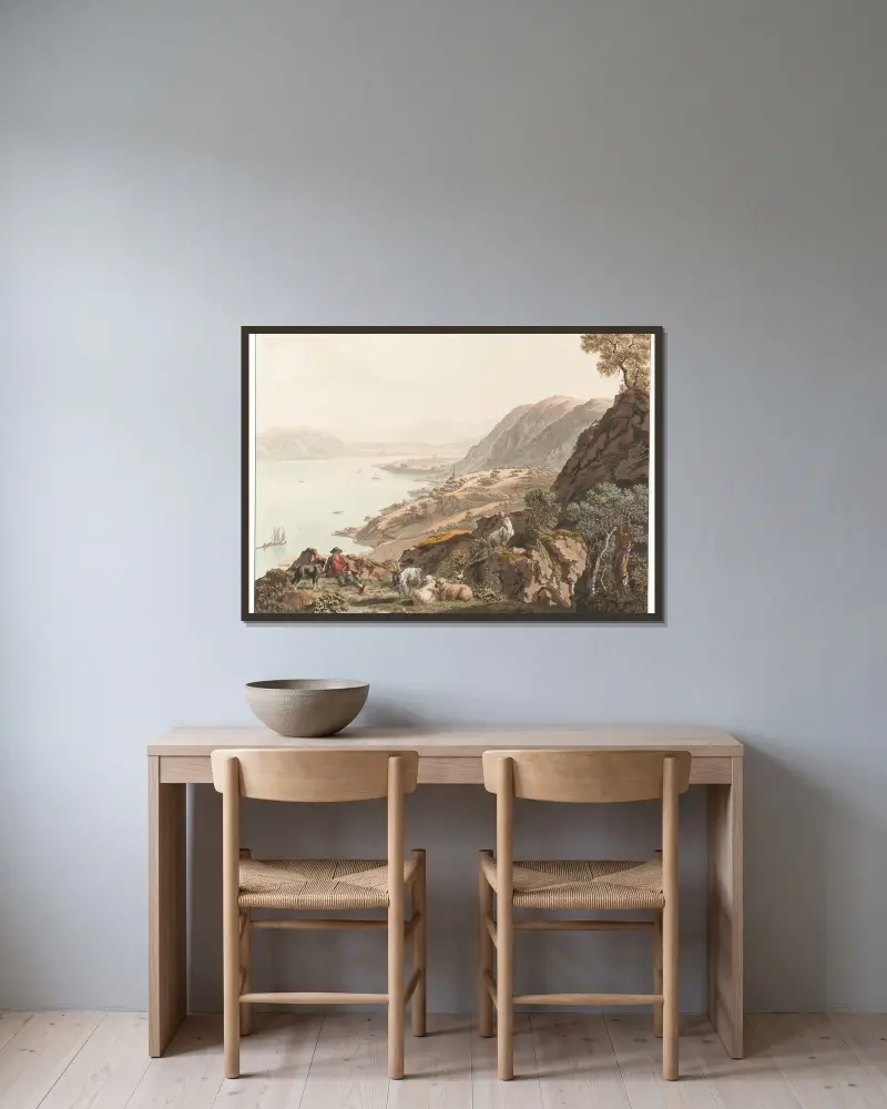 Twann och Bielsjön från nordöst av Johann Jakob Biedermann inramad på en vägg
