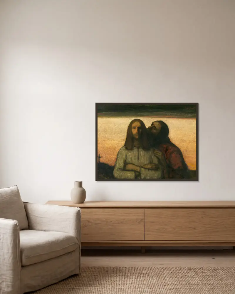 The Kiss of Judas av Jakob Smits inramad på en vägg