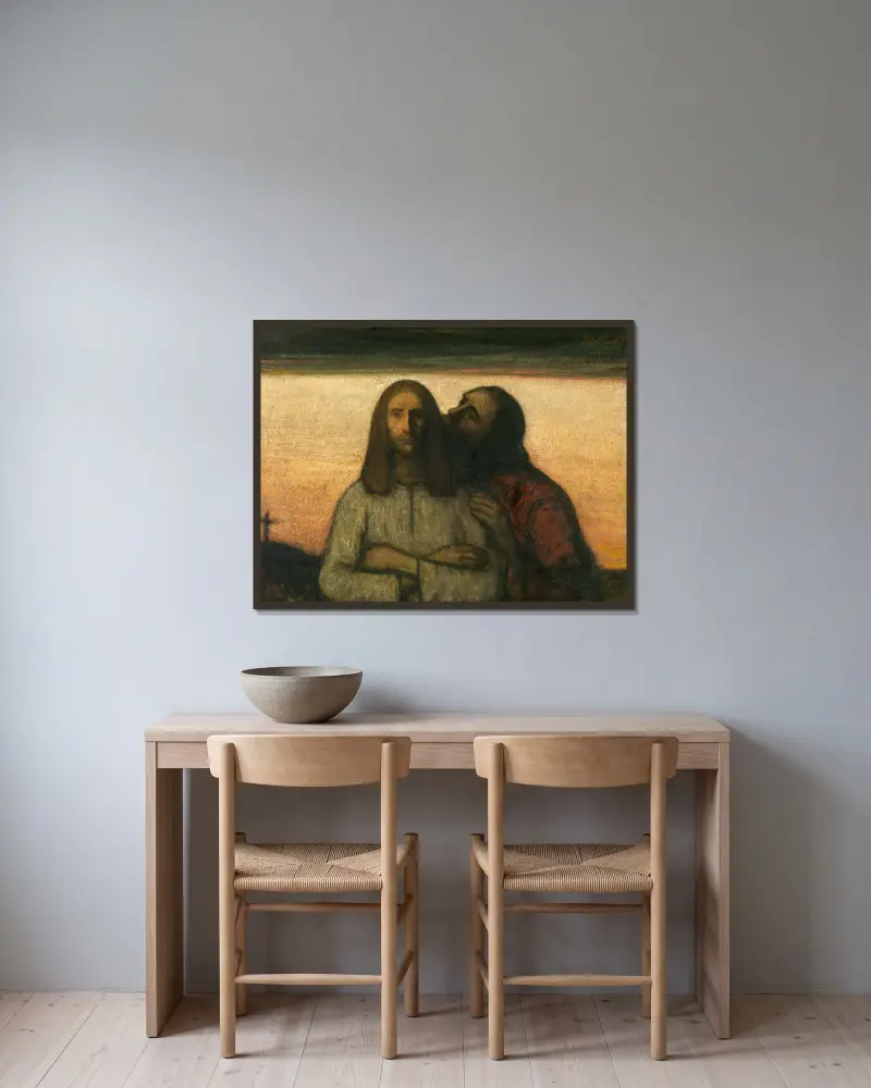 The Kiss of Judas av Jakob Smits inramad på en vägg
