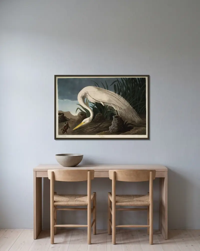 White Heron, 1827 – nr 2 av John James Audubon inramad på en vägg