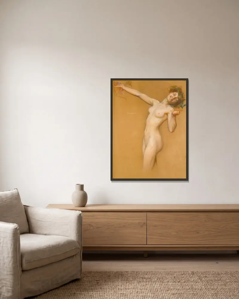 Bacchantin, Studie zum Erntemorgen von Herbert James Draper gerahmt an einer Wand