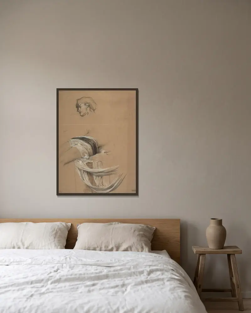 Studier av en mans draperade midja och huvud av Herbert James Draper inramad på en vägg