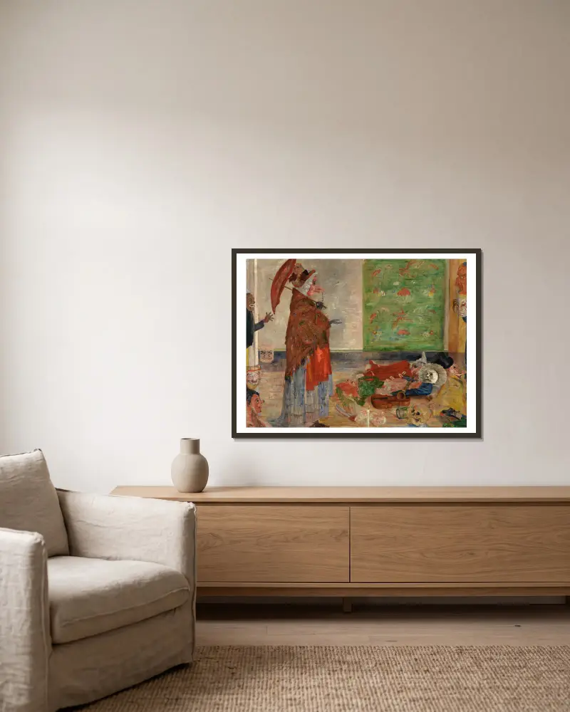 Förvåningen hos masken Wouse av James Ensor inramad på en vägg
