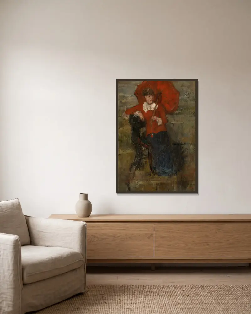 Dáma s červeným slunečníkem, James Ensor v rámu na stěně