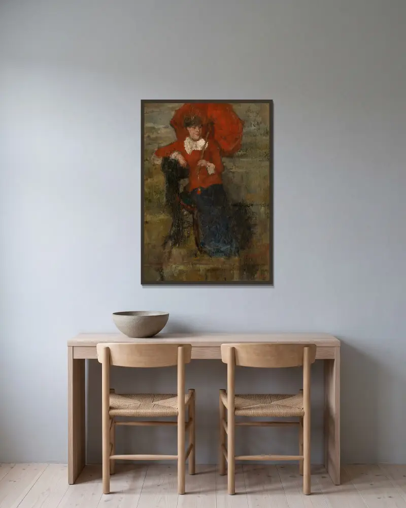 Dáma s červeným slunečníkem, James Ensor v rámu na stěně