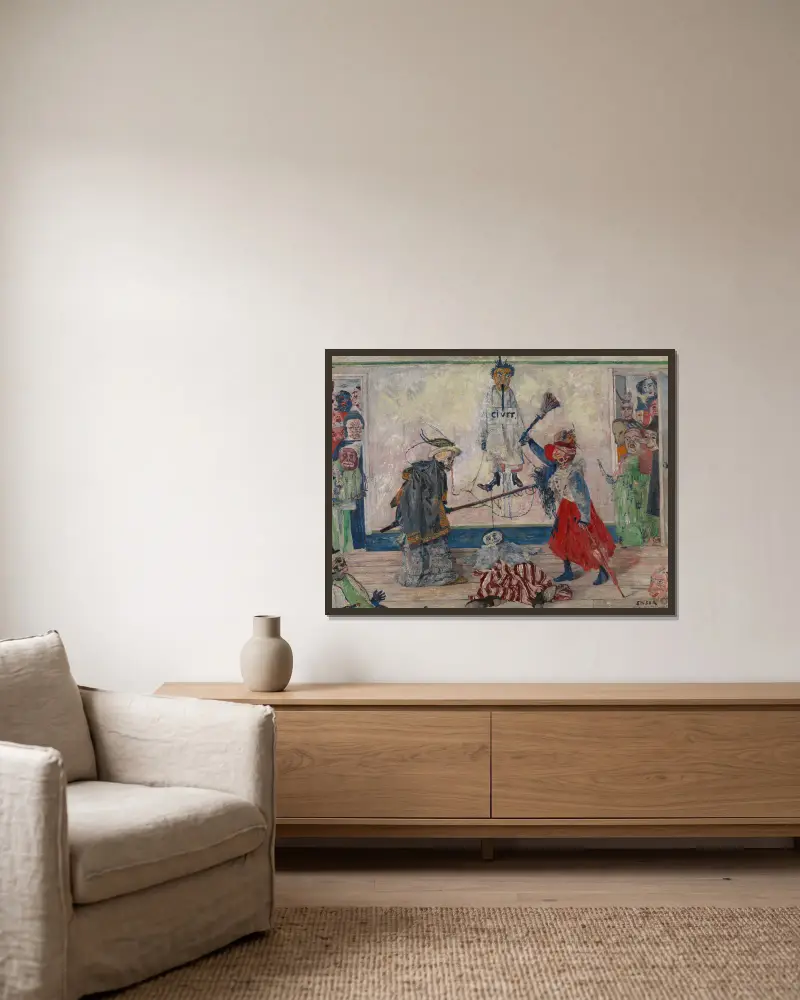Skelett som slåss om en hängd mans kropp av James Ensor inramad på en vägg