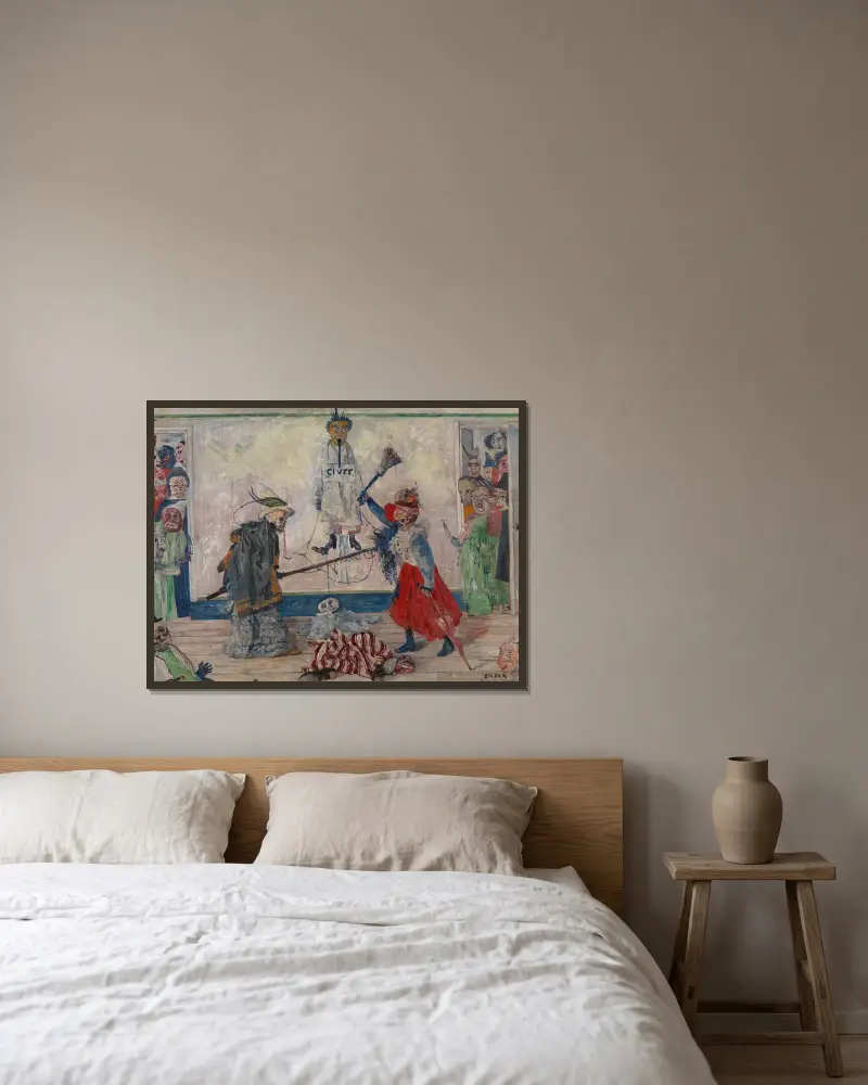 Skelett som slåss om en hängd mans kropp av James Ensor inramad på en vägg