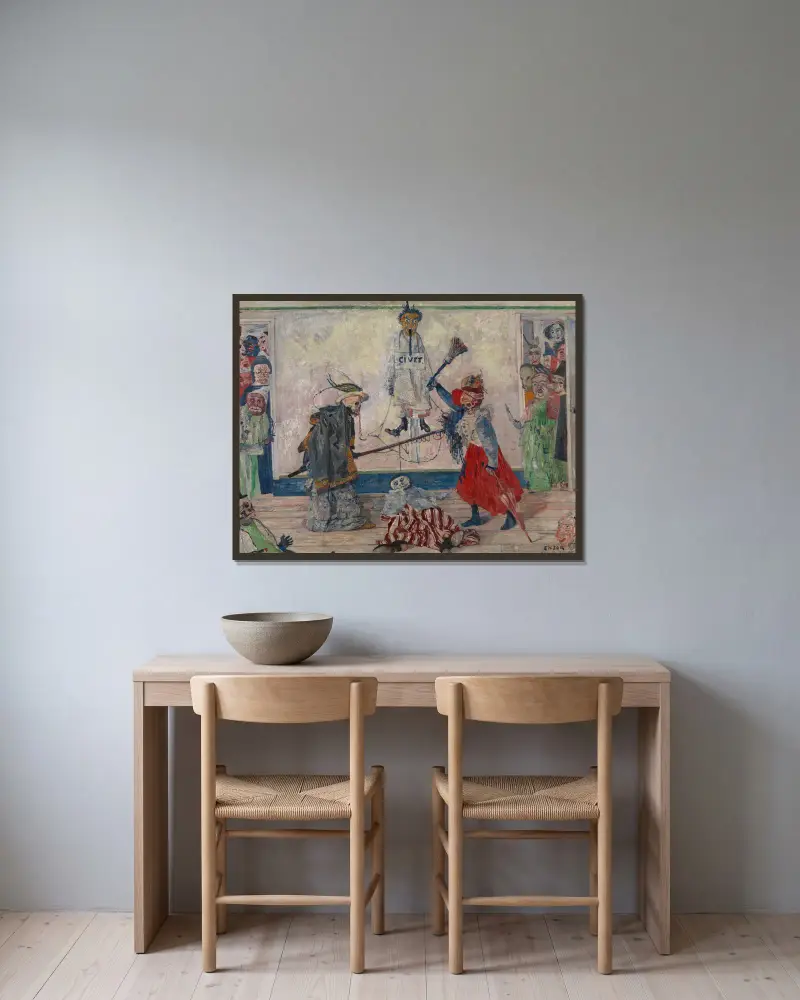 Skelett som slåss om en hängd mans kropp av James Ensor inramad på en vägg