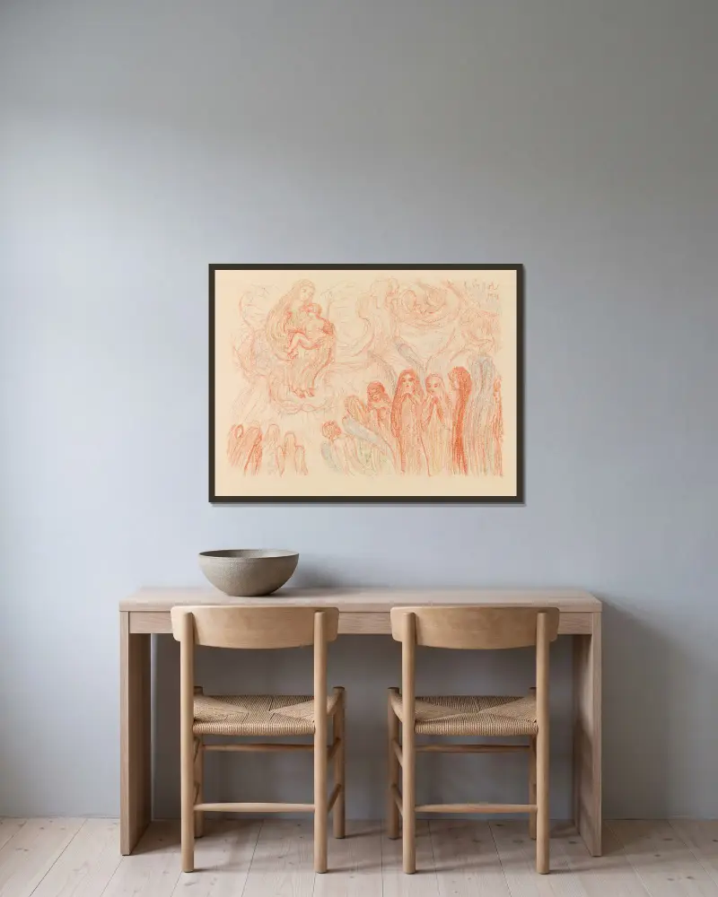 Die Engel verehren Maria von James Ensor gerahmt an einer Wand