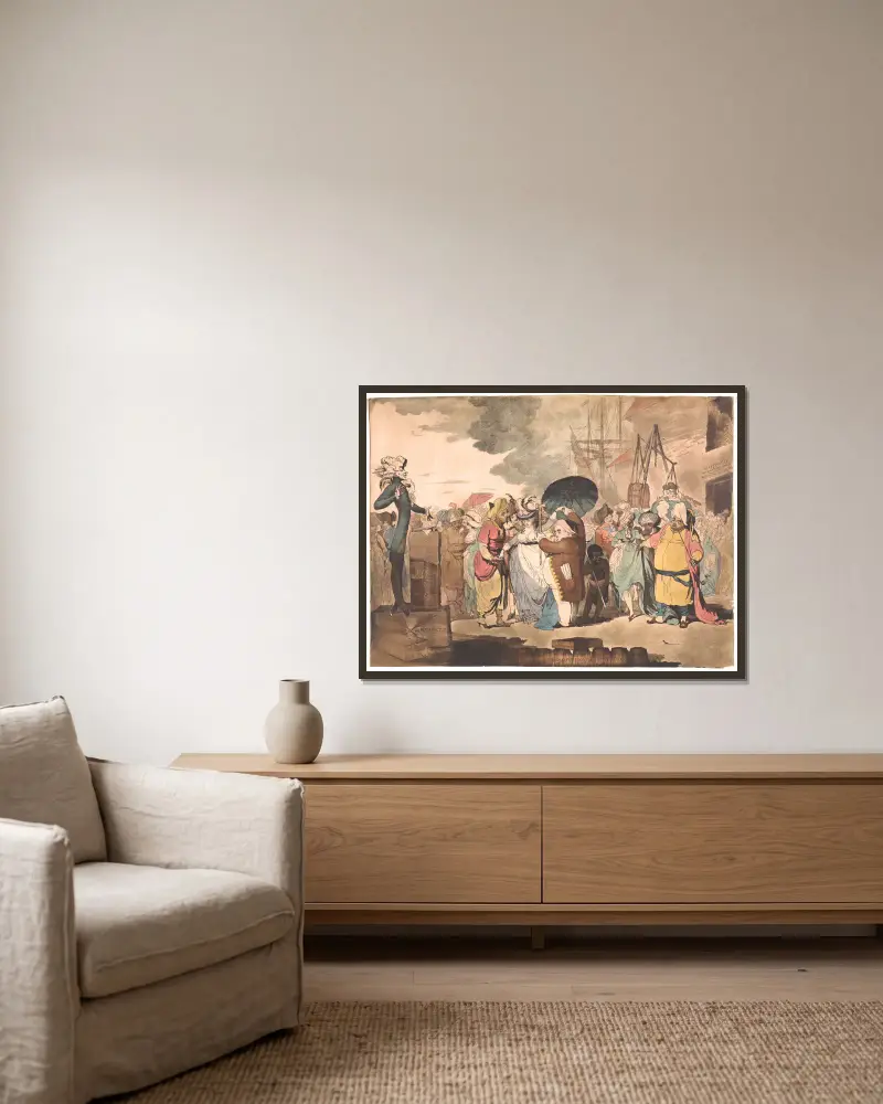 Ein Verkauf englischer Schönheiten in Ostindien von James Gillray gerahmt an einer Wand