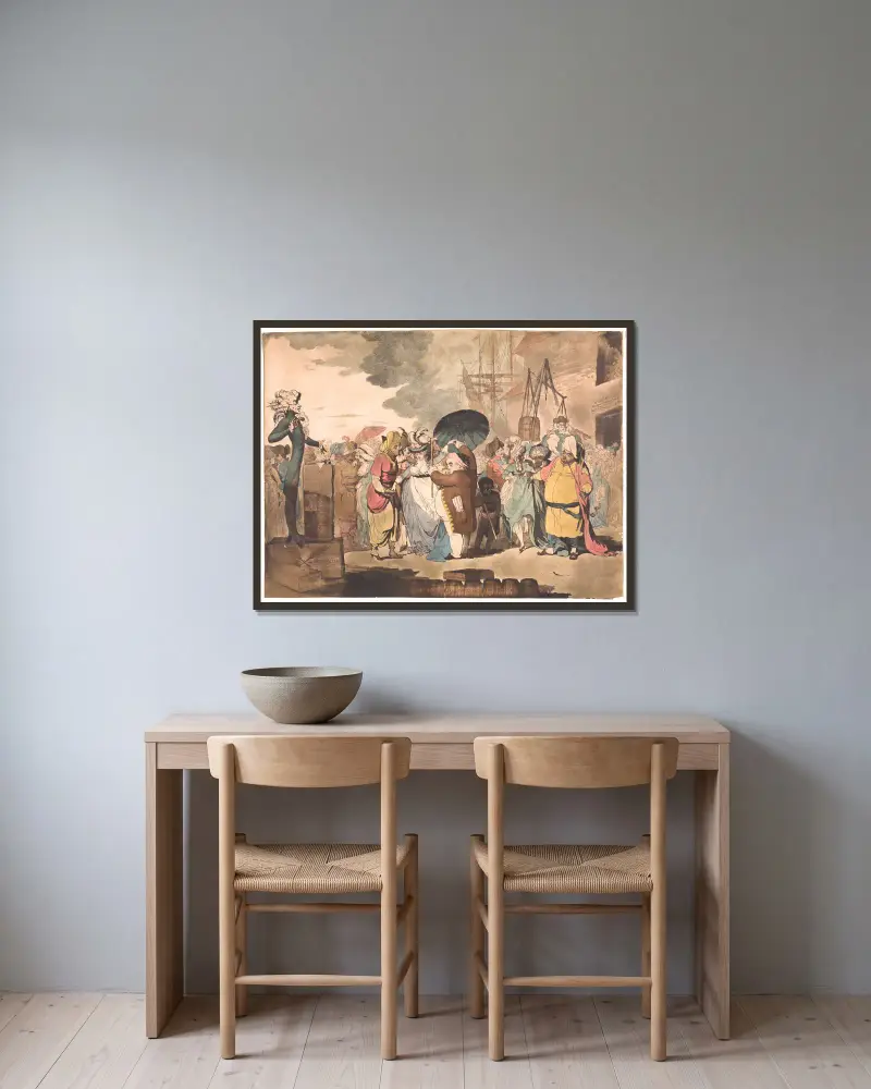 Ein Verkauf englischer Schönheiten in Ostindien von James Gillray gerahmt an einer Wand