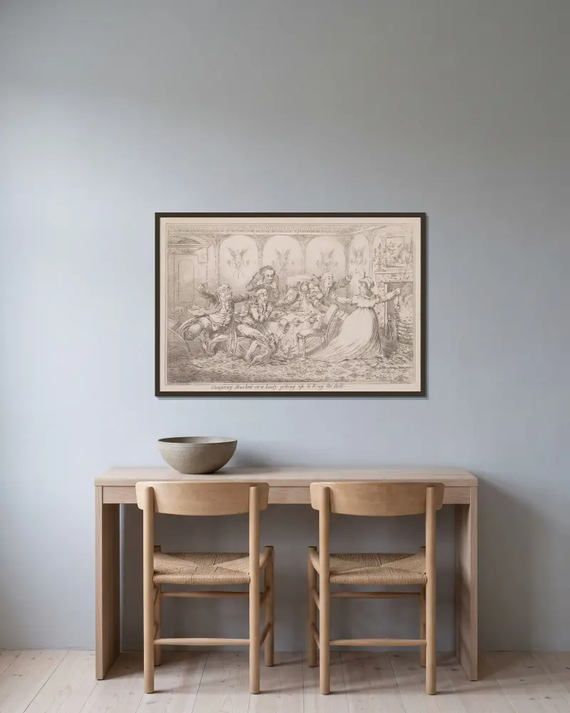 Sällskapet chockat när en dam reser sig för att ringa på klockan av James Gillray inramad på en vägg