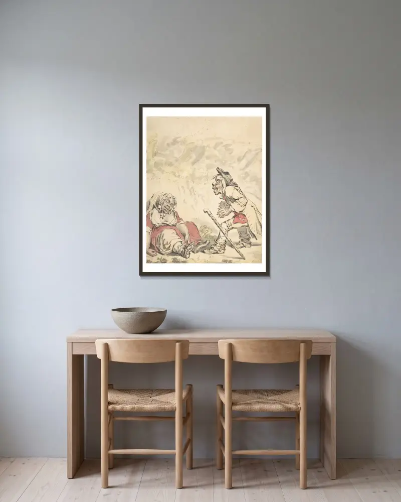 Cymon and Iphigenia av James Gillray inramad på en vägg