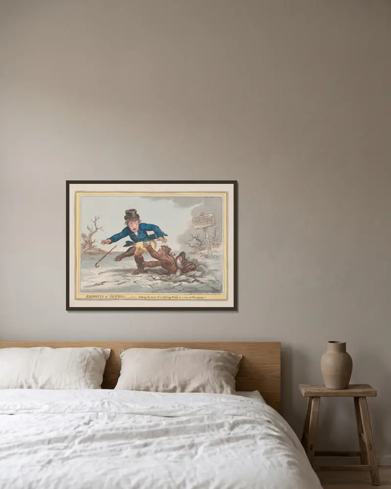 Grundlagen des Schlittschuhlaufens. Wie man in einem Notfall einen vorbeikommenden Freund bestmöglich nutzt! von James Gillray gerahmt an einer Wand