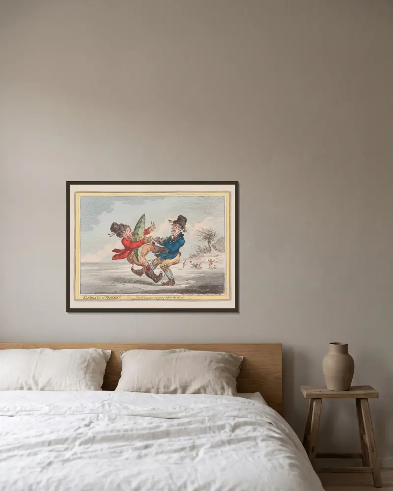 Skridskoåkningens element. Följden av att gå i medvind av James Gillray inramad på en vägg