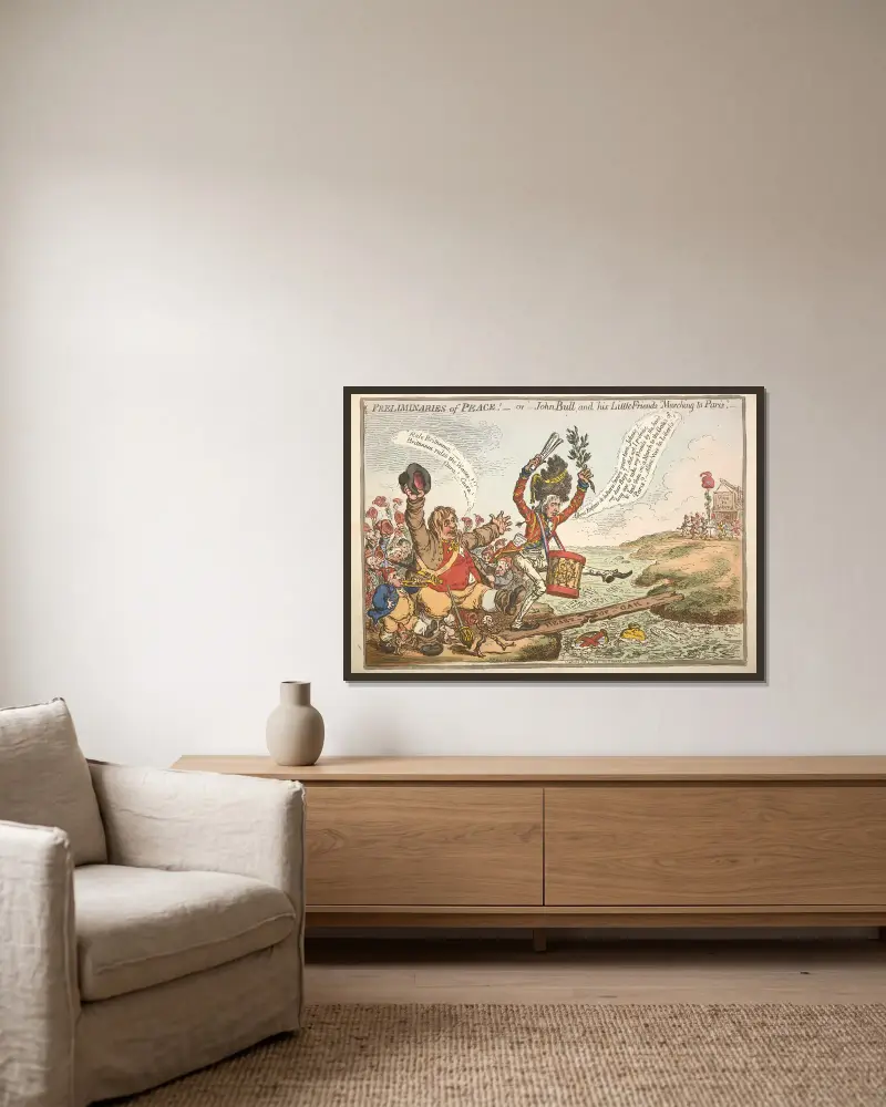 Friedenspräliminarien! – oder – John Bull und seine kleinen Freunde marschieren nach Paris! von James Gillray gerahmt an einer Wand