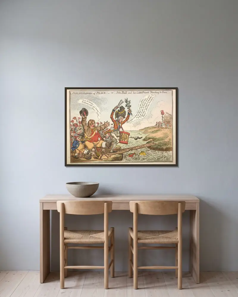 Friedenspräliminarien! – oder – John Bull und seine kleinen Freunde marschieren nach Paris! von James Gillray gerahmt an einer Wand