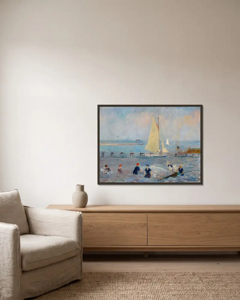 Kustlandskap med sex badande, Bellport av William James Glackens inramad på en vägg