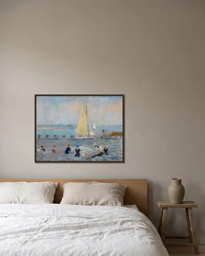 Kustlandskap med sex badande, Bellport av William James Glackens inramad på en vägg