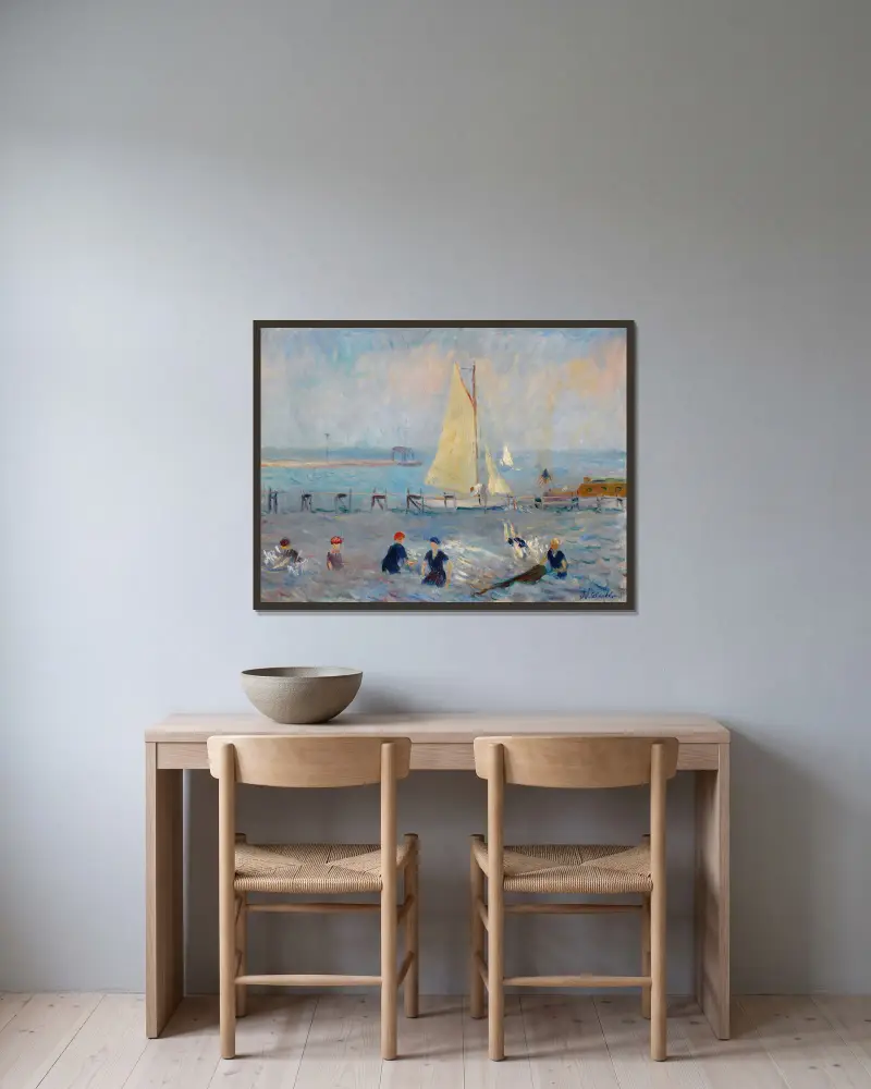 Kustlandskap med sex badande, Bellport av William James Glackens inramad på en vägg