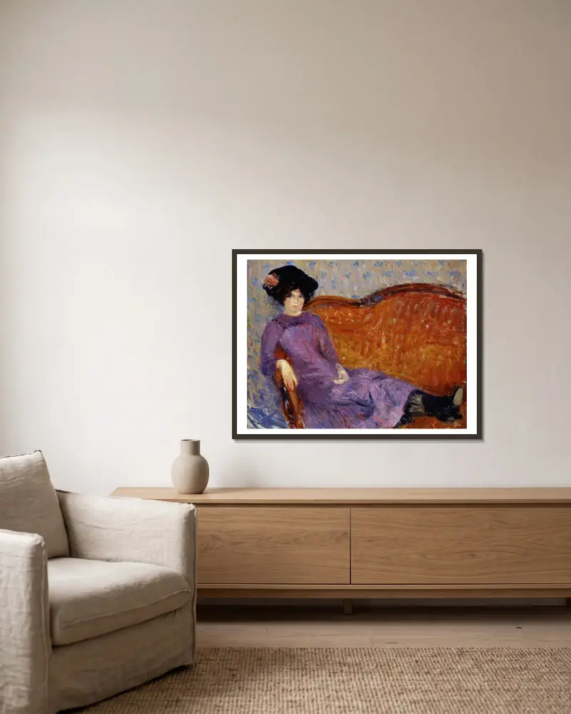 Das lila Kleid von William James Glackens gerahmt an einer Wand