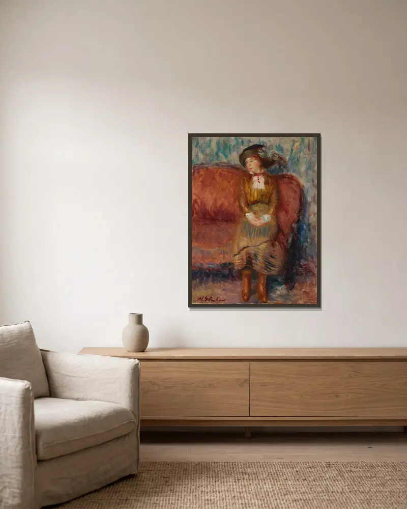 Sitzende Frau auf rotem Sofa von William James Glackens gerahmt an einer Wand