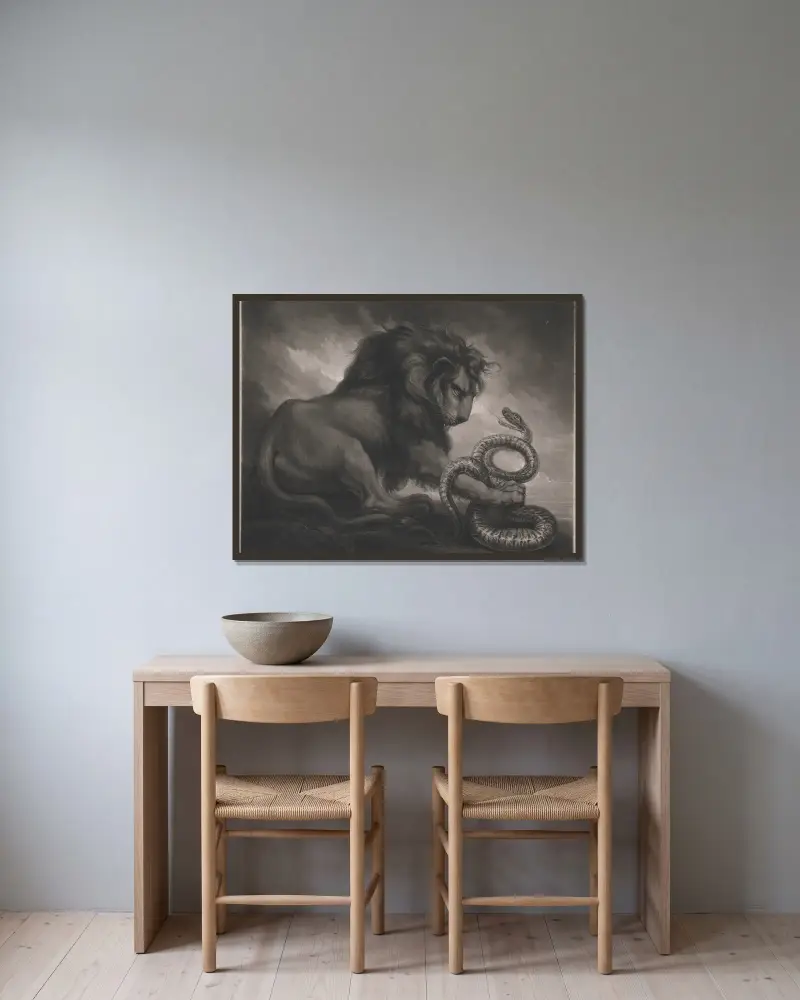 Löwe und Schlange von James Northcote gerahmt an einer Wand