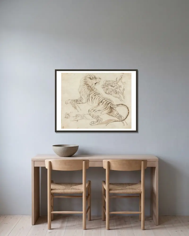Studie für einen Tiger und Affen von James Northcote gerahmt an einer Wand