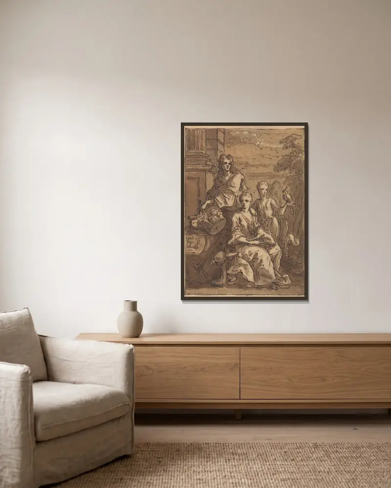 Entwurf für ein Porträt eines Architekten oder Malers von Sir James Thornhill gerahmt an einer Wand