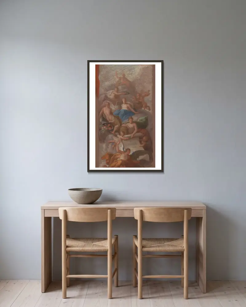 Tacksamheten krönt av freden, med andra allegoriska figurer för flit, berömmelse och överflöd av Sir James Thornhill inramad på en vägg