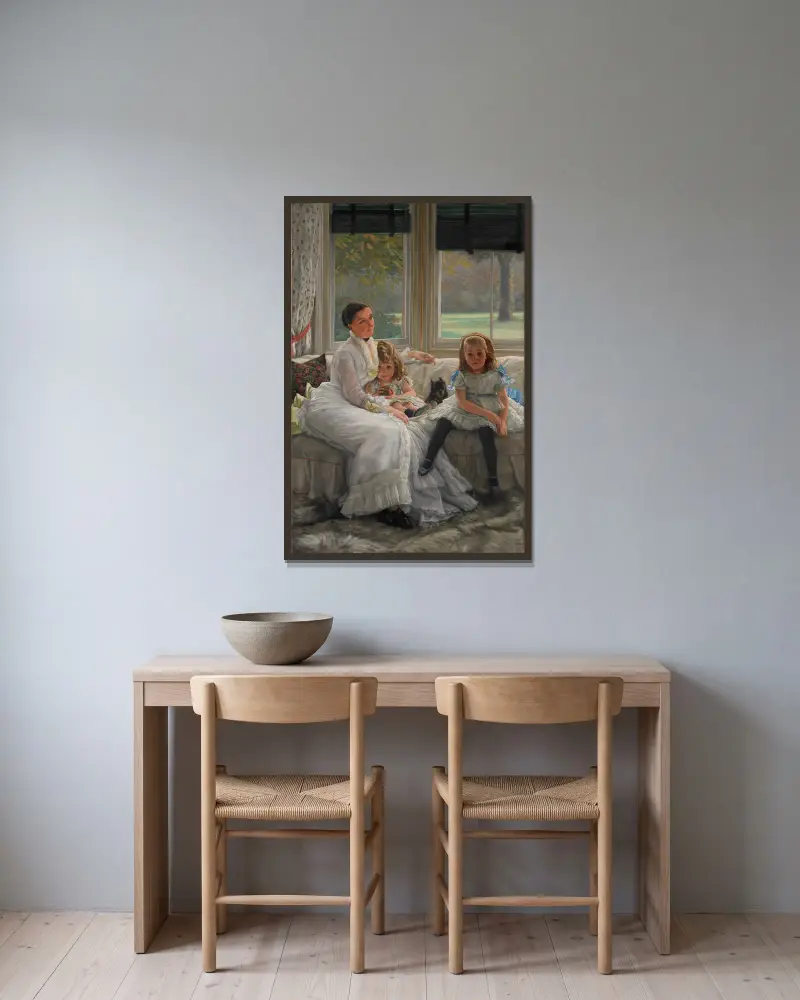 Porträtt av Mrs Catherine Smith Gill och två av hennes barn av James Tissot inramad på en vägg