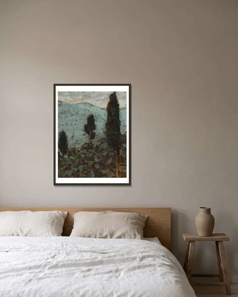 Zypressen unter dem Berg von Jan Bohuszewicz gerahmt an einer Wand