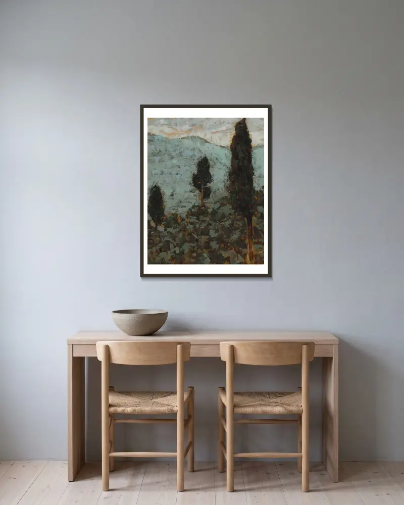 Zypressen unter dem Berg von Jan Bohuszewicz gerahmt an einer Wand