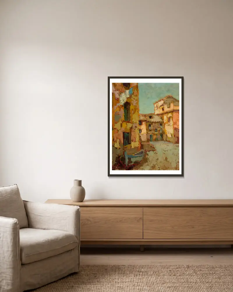 Alte Häuser in Boccadasse von Jan Bohuszewicz gerahmt an einer Wand
