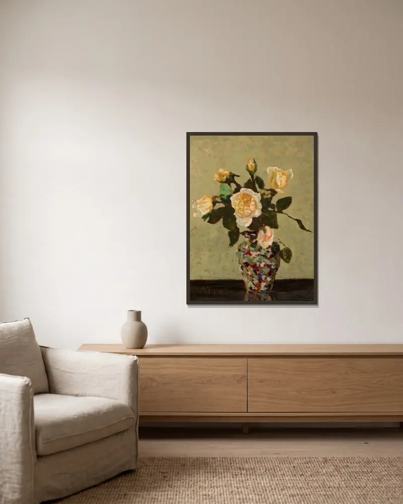 Teerosen und Blumenvasen aus Murano von Jan Bohuszewicz gerahmt an einer Wand